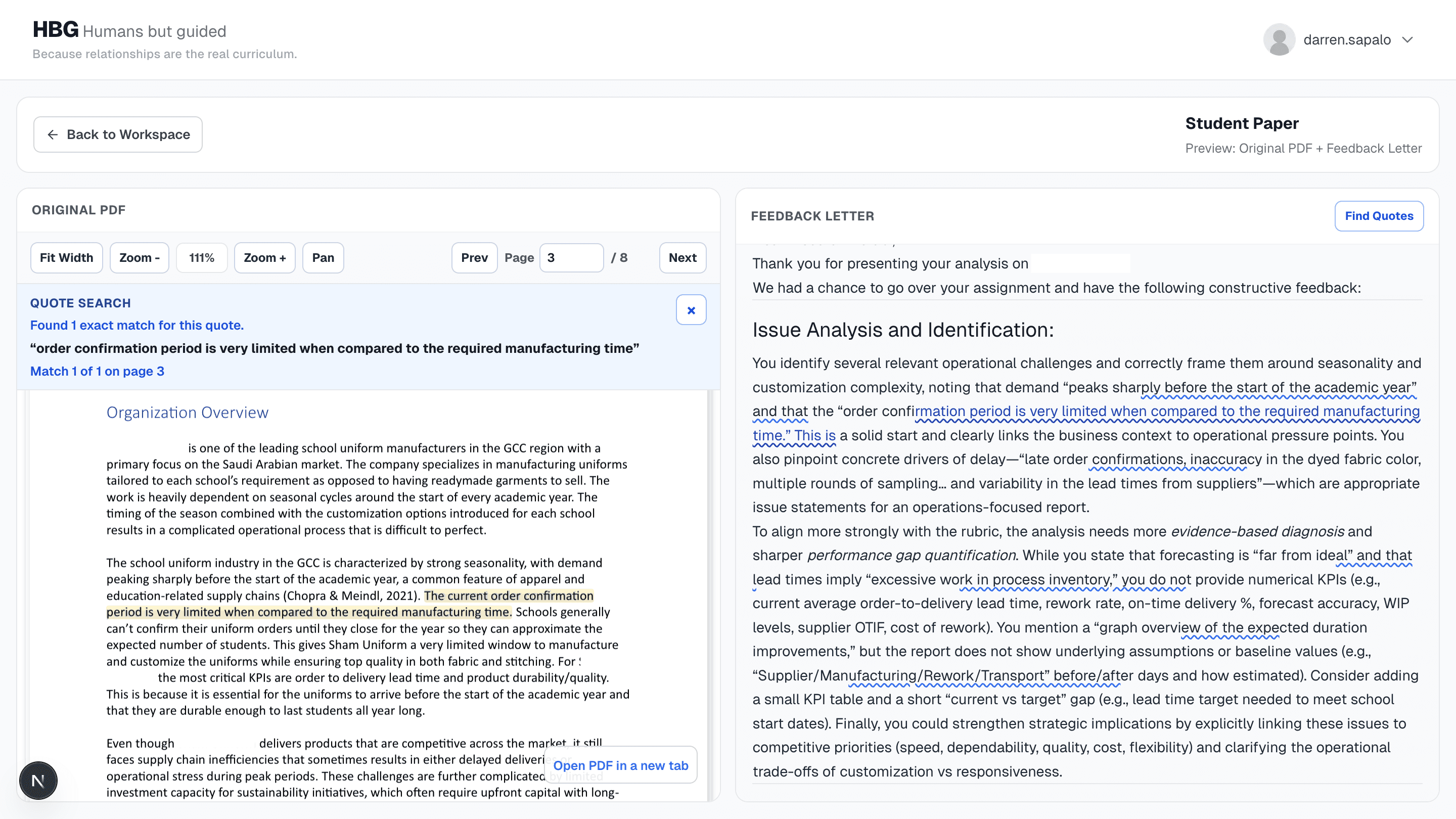 Grading workspace preview showing side-by-side feedback and direct-quote review.